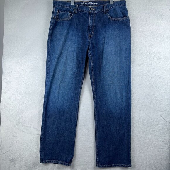 Eddie Bauer Men Jeans Size 36X32 Wide Leg 100% Cotton Mid Rise Medium Wash Blue - Picture 1 of 12